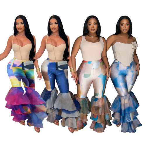 Hot selling items Tie dye printingFlared pants Ruffled pants