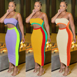 Elastic multi-color color blocking sleeveless suspender with exposed waist hollow out dress