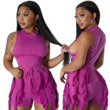 Sleeveless jumpsuit paired with tassels, casual shorts, fashionable two-piece set for women