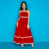 Solid color wave woven belt splicing with straight tribute cloth suspender dress for women's solid color large swing skirt