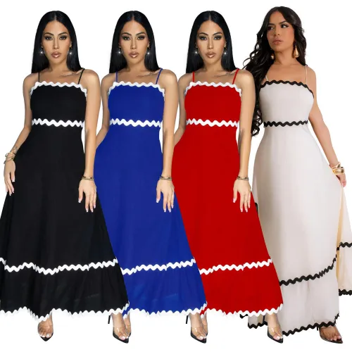 Solid color wave woven belt splicing with straight tribute cloth suspender dress for women's solid color large swing skirt