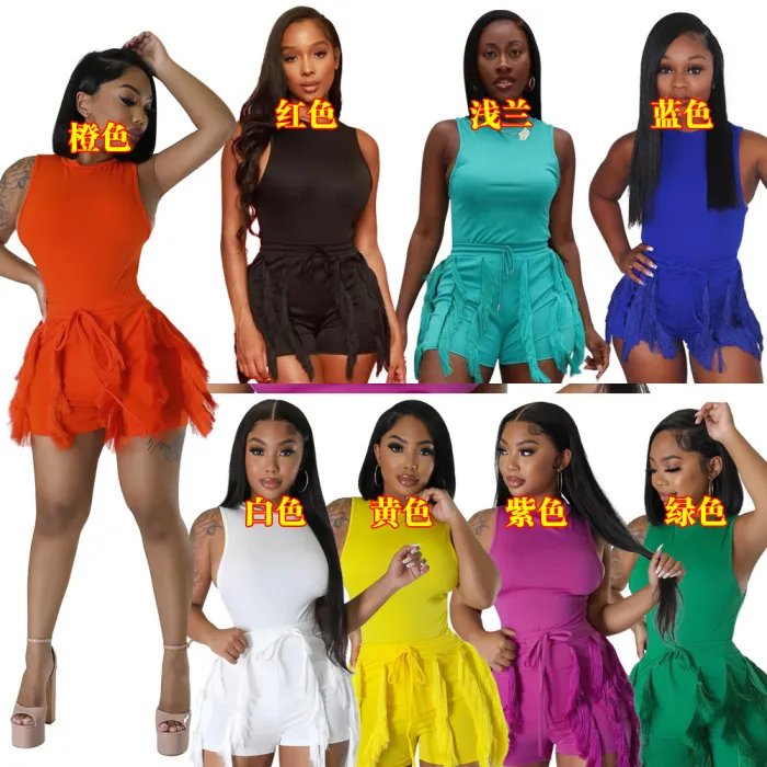 Sleeveless jumpsuit paired with tassels, casual shorts, fashionable two-piece set for women