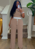 Casual street daily ribbed contrasting round neck short sleeved pants set, two-piece set