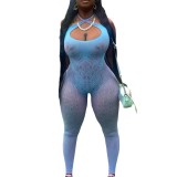 Solid color contrasting hanging neck, backless, slim fit, sporty and fashionable hollowed out one piece knitted jumpsuit