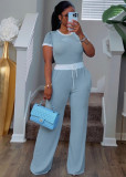 Casual street daily ribbed contrasting round neck short sleeved pants set, two-piece set