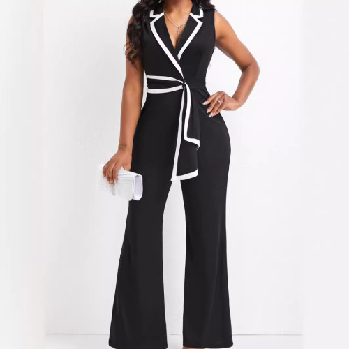 Women's new fashionable V-neck, elegant and elegant sleeveless jumpsuit, wide leg pants
