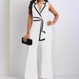 Women's new fashionable V-neck, elegant and elegant sleeveless jumpsuit, wide leg pants