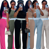 Casual street daily ribbed contrasting round neck short sleeved pants set, two-piece set