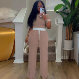 Casual street daily ribbed contrasting round neck short sleeved pants set, two-piece set