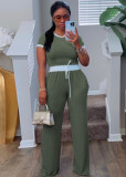 Casual street daily ribbed contrasting round neck short sleeved pants set, two-piece set