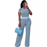 Casual street daily ribbed contrasting round neck short sleeved pants set, two-piece set