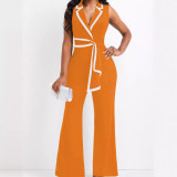 Women's new fashionable V-neck, elegant and elegant sleeveless jumpsuit, wide leg pants
