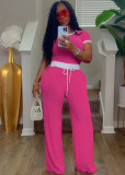 Casual street daily ribbed contrasting round neck short sleeved pants set, two-piece set