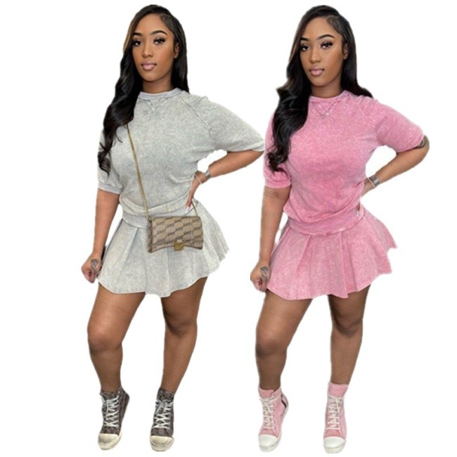 Print distressed loose casual T-shirt pleated skirt two-piece set