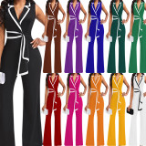 Women's new fashionable V-neck, elegant and elegant sleeveless jumpsuit, wide leg pants