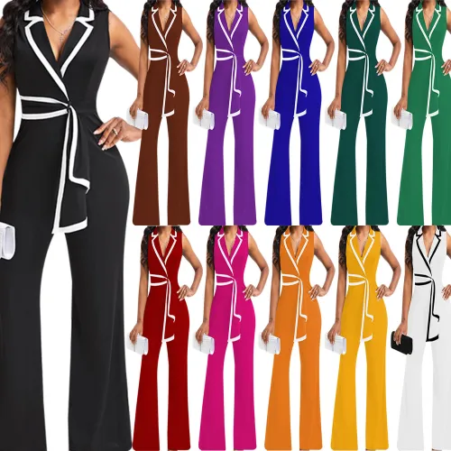 Women's new fashionable V-neck, elegant and elegant sleeveless jumpsuit, wide leg pants