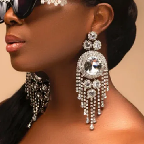 Full diamond tassel earrings with geometric shape, water diamond earrings, sexy accessories for women
