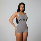 Summer New Fashion and Sexy Backless Solid Color Strap Sports Tight jumpsuit