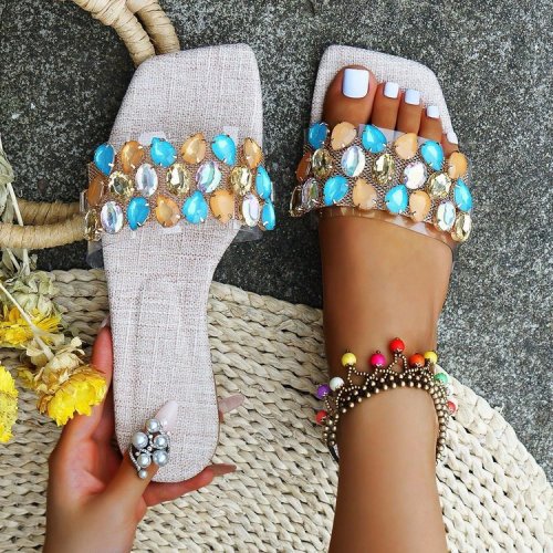Colorful diamond slippers for women's new flat bottomed square toe fashionable oversized beach sandals