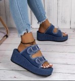 Foreign trade oversized lame heel denim leather buckle with one foot sandals for women to wear in summer, new thick soled slippers for outdoor wear
