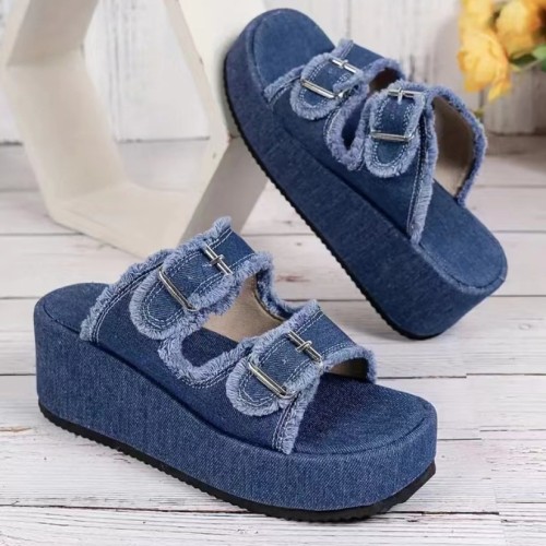 Foreign trade oversized lame heel denim leather buckle with one foot sandals for women to wear in summer, new thick soled slippers for outdoor wear