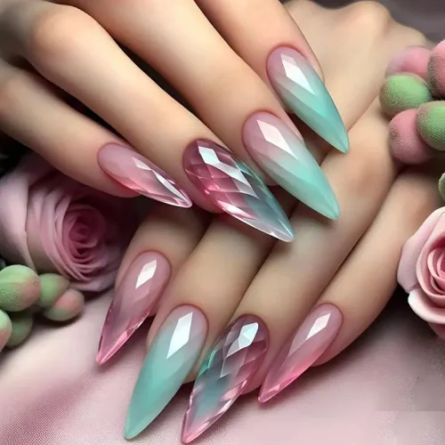 Wearing armor, detachable fake nails, nail patches, medium length almond nails, gradient cat's eye nail patches, 24 pieces