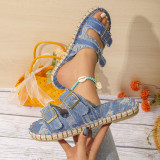 New flat bottom buckle strap sandal round toe solid color women's slippers