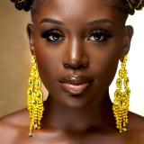 Fashionable geometric rhinestone tassel earrings with exaggerated personality
