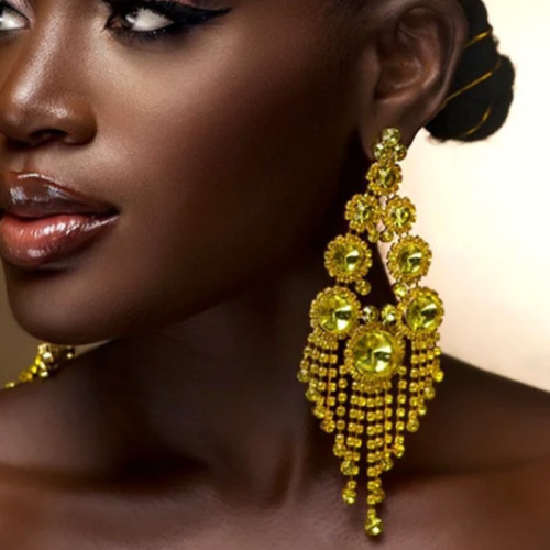 Fashionable geometric rhinestone tassel earrings with exaggerated personality