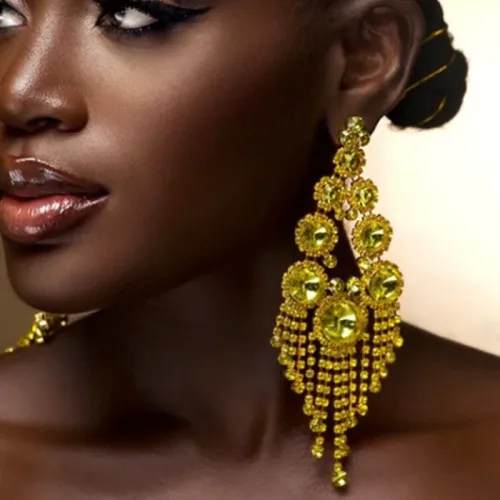 Fashionable geometric rhinestone tassel earrings with exaggerated personality