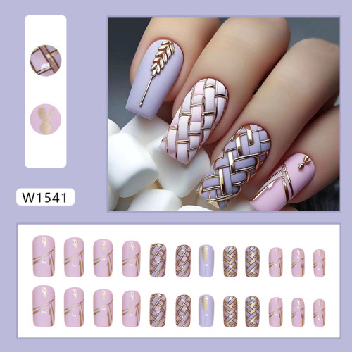 Wearable nail polish detachable square wheat ear grid nail patch 24 pieces