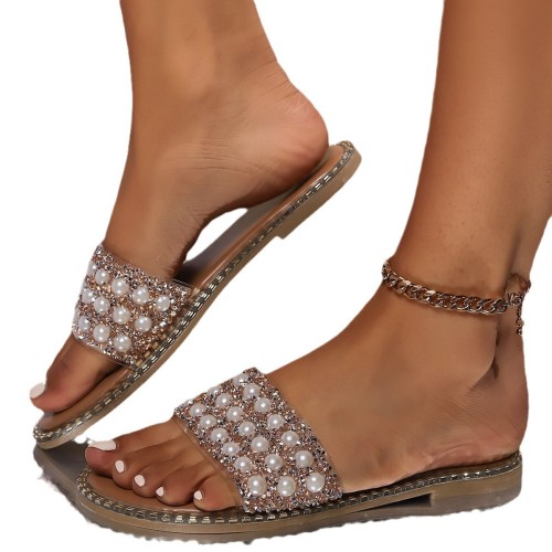 Summer slippers, garden toe, pearl strap, flat bottom, one line sandals, casual beach shoes for daily wear