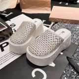 Women's Summer Outwear Thick Sole Slope Heel Slippers Water Diamond Fashion Beach Sandals Support