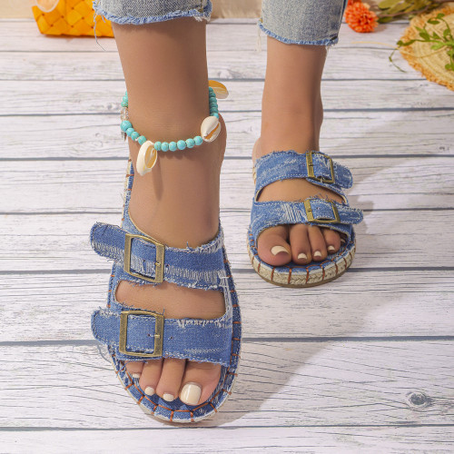 New flat bottom buckle strap sandal round toe solid color women's slippers