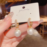 Set with zircon and two pearl earrings, fashionable and compact earrings, elegant earrings, and earrings