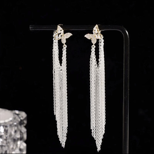 Silver Needle New Trendy and Advanced, Exquisite and Luxury Butterfly Galaxy Waterfall Tassel Earrings, Versatile and Stylish Earrings