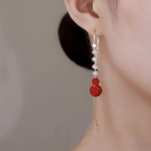 Red full diamond ball, long zircon tassel earrings, fashionable and elegant, exquisite earrings and earrings