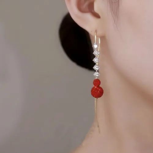 Red full diamond ball, long zircon tassel earrings, fashionable and elegant, exquisite earrings and earrings