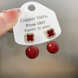 Micro inlaid zircon sweet red flower bead earrings S925 silver needle