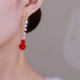 Red full diamond ball, long zircon tassel earrings, fashionable and elegant, exquisite earrings and earrings
