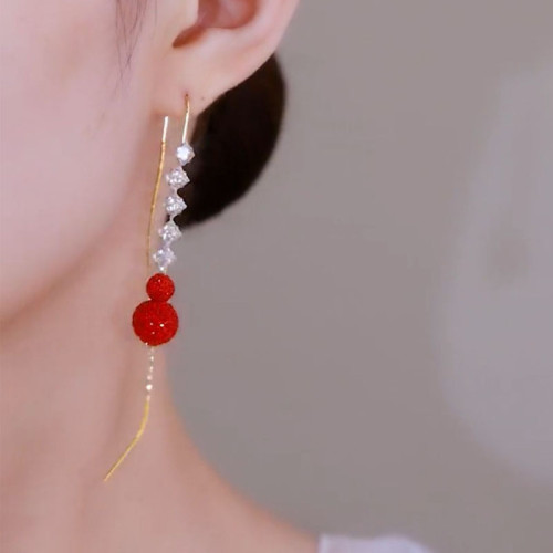 Red full diamond ball, long zircon tassel earrings, fashionable and elegant, exquisite earrings and earrings