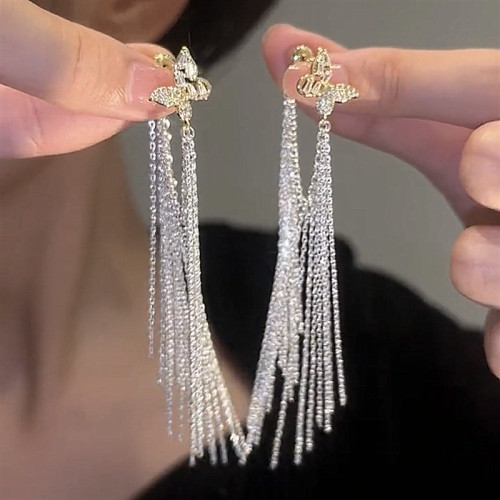 Silver Needle New Trendy and Advanced, Exquisite and Luxury Butterfly Galaxy Waterfall Tassel Earrings, Versatile and Stylish Earrings