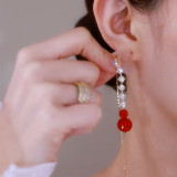 Red full diamond ball, long zircon tassel earrings, fashionable and elegant, exquisite earrings and earrings