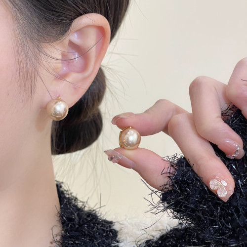 French Vintage Champagne Gold Bead Ear Buckles, Stylish and Fashionable Pearl Earrings