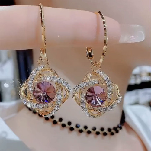 High end purple flower earrings, exquisite crystal earrings, light luxury and versatile ear buckle earrings