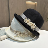 Knitted rolled edge round top sun visor hat, summer breathable cotton and linen Japanese fisherman hat, women's artistic short brim small top hat