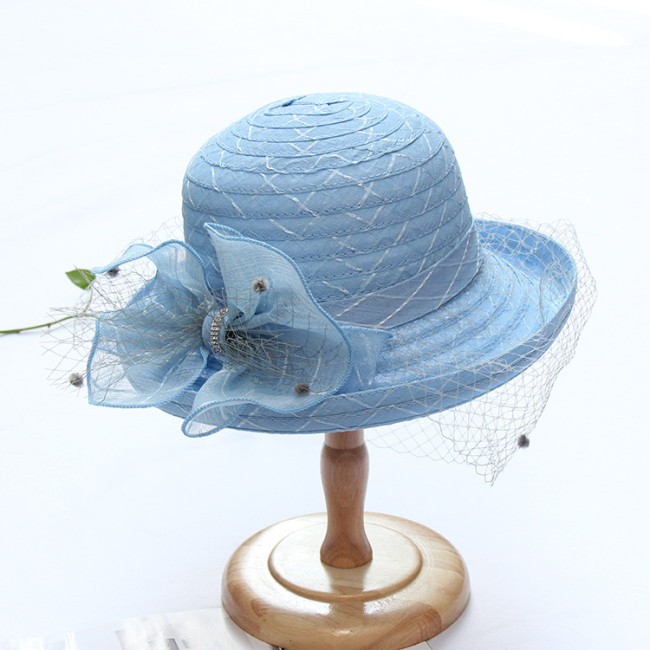 Lace Mesh Curled Top Hat Elegant Diamond Bow Sun Hat Women's Summer Fashion Sun Hat