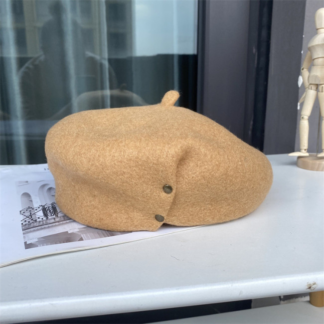 Woolen hat for women's artistic versatility, foldable copper buckle painter hat, three-dimensional thickened bud hat