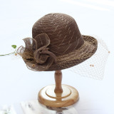 Lace Mesh Curled Top Hat Elegant Diamond Bow Sun Hat Women's Summer Fashion Sun Hat