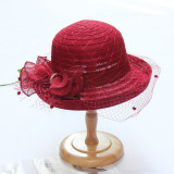 Lace Mesh Curled Top Hat Elegant Diamond Bow Sun Hat Women's Summer Fashion Sun Hat